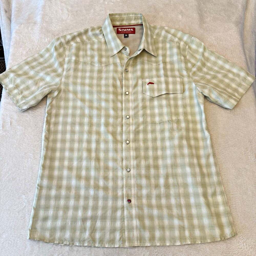 Simms Men's M Plaid Button-Up Short Sleeve Collared Shirt Beige/White Fishing